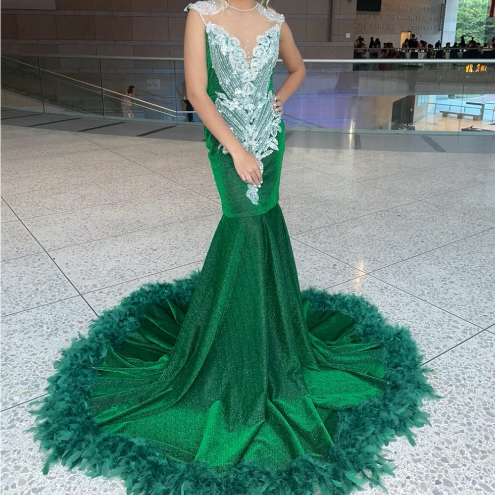 Green n sliver rhinestone prom dress